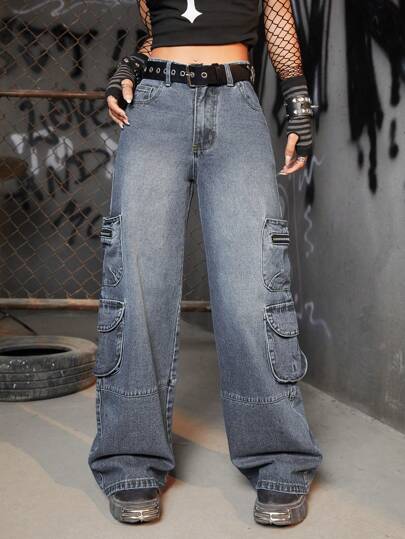 Grunge Punk Flap Pocket Cargo Jeans Without Belt