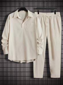 Manfinity Hypemode Men Pocket Patched Corduroy Shirt & Drawstring Waist Pants - Coffee Brown - View 1