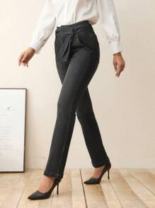 High Waist Belted Flare Leg Jeans - Black - View 3
