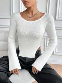 Flirla Ribbed Knit Raglan Sleeve Asymmetrical Hem Crop Sweater