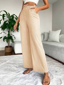 EURMUSE Paperbag Waist Wide Leg Trousers - Apricot - View 3