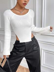 Flirla Ribbed Knit Raglan Sleeve Asymmetrical Hem Crop Sweater