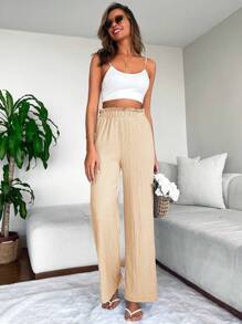 EURMUSE Paperbag Waist Wide Leg Trousers - Apricot - View 4
