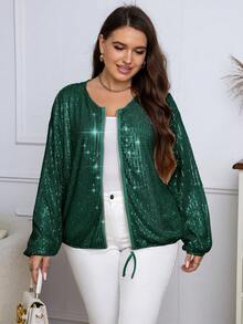 SHEIN Allurite Plus Drawstring Hem Zip Up Sequin Jacket - Dark Green - View 7