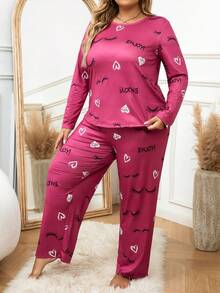 Plus Heart & Eyelash Print PJ Set - Hot Pink - View 5