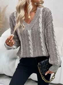 SHEIN LUNE Xoắn Dan Thả vai Áo len - Cà phê nâu - Xem 5