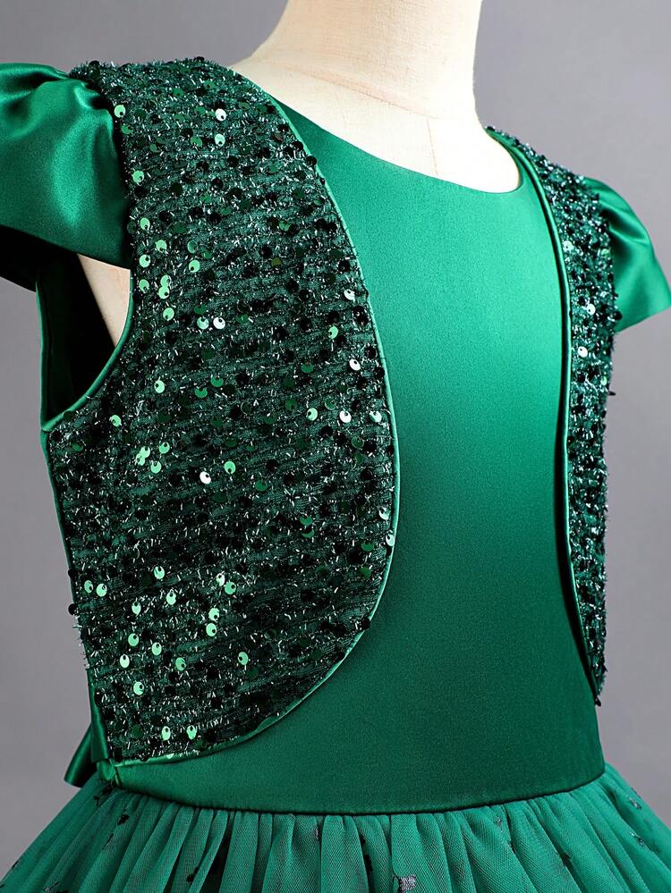 Tween Girl Sequin Panel Mesh Overlay Gown Dress