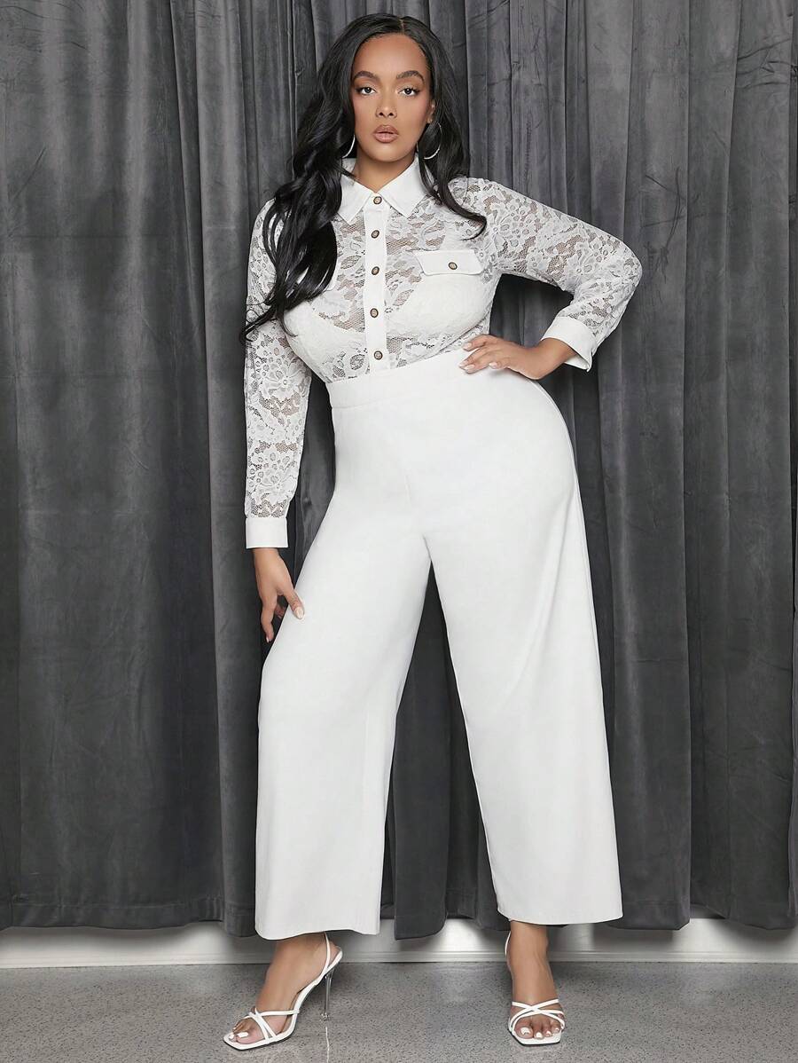 SHEIN X GiudiceGirls Talla grande Mono camisero panel con encaje con botón delantero