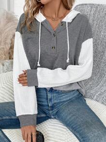 SHEIN Essnce Colorblock Half Button Drawstring Hoodie - Dark Grey - View 4