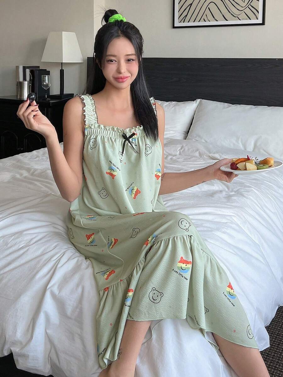 DAZY 卡通圖案褶邊吊帶睡裙