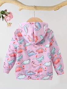 SHEIN Áo khoác nỉ có khóa kéo in hình khủng long dành cho bé gái, lót lông mềm mại. - Màu tím - Xem 2