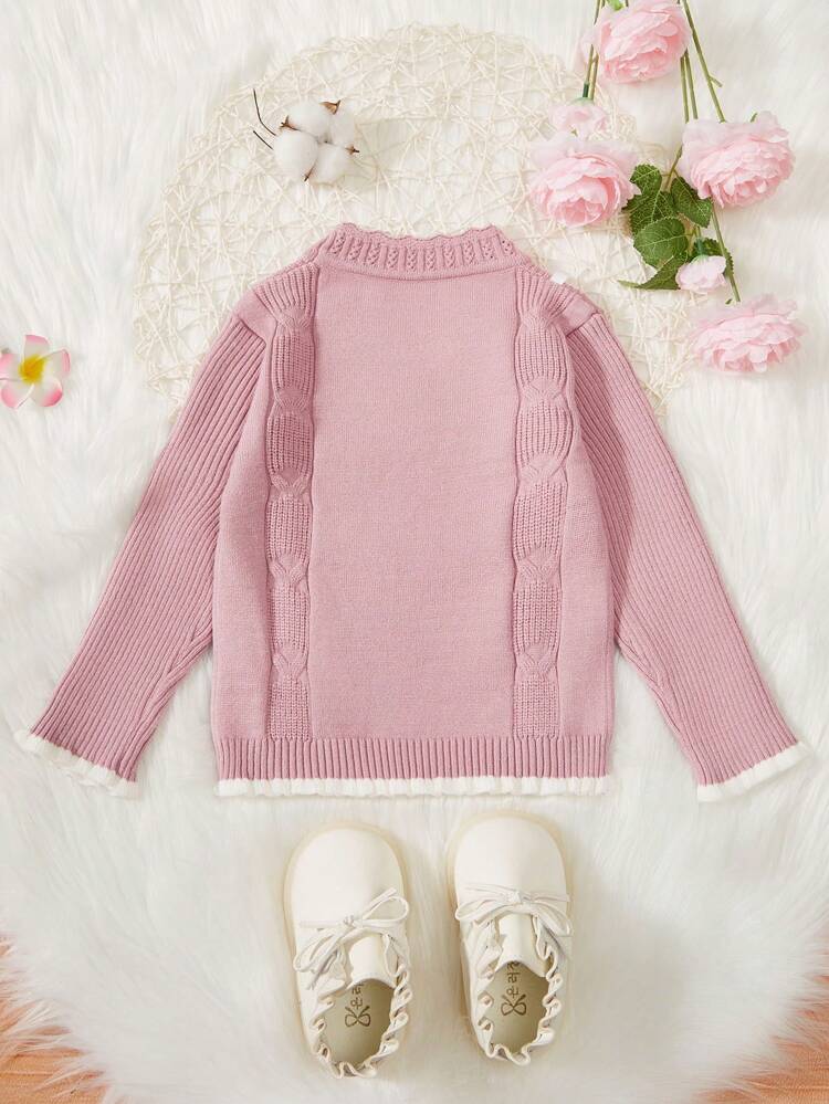 Baby Girl Cable Knit Contrast Trim Sweater