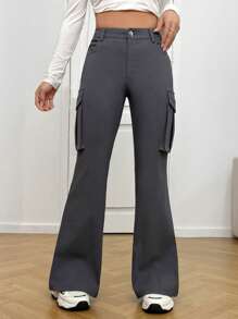 SHEIN EZwear 有蓋口袋側喇叭褲 - 灰色 - 查看 3