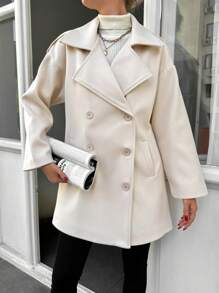 EURMUSE Lapel Neck Double Breasted Drop Shoulder Overcoat - Apricot - View 5