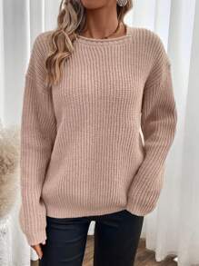 SHEIN LUNE Solid Drop Shoulder Knit Pullover Fall Winter Sweater - Khaki - View 4