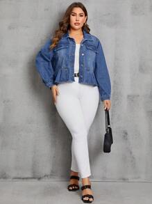 SHEIN LUNE Plus Flap Detail Ruffle Hem Denim Jacket - Blue - View 5