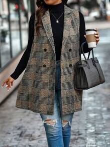 Calvaya Plus Plaid Double Breasted Vest Blazer Graduation,Back To School,Teacher Outfits For Women Winter Fall Autumn - Brown - View 5