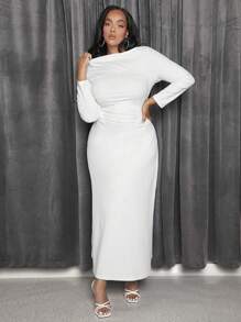 SHEIN SXY Plus Solid Ruched Front Dress - White - View 1