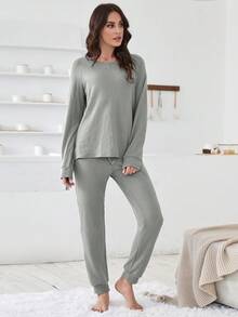 Raglan Sleeve Waffle Knit Lounge Set - Light Grey - View 3