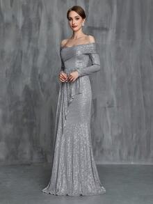 Off Shoulder Kim sa Mẹ của chiếc váy cô dâu - Xám - Xem 5