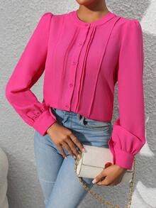 Solid Button Front Puff Sleeve Shirt - Hot Pink - View 5