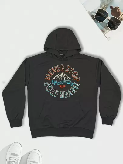 Manfinity Sport Corelite Hombres Capucha con estampado de montaña y slogan con bolsillo de canguro