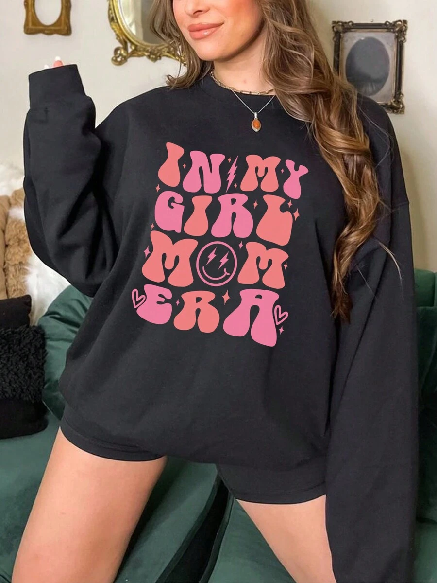 SHEIN EZwear 大尺碼女款標語印花毛絨衛衣 - 黑色 - 查看 1