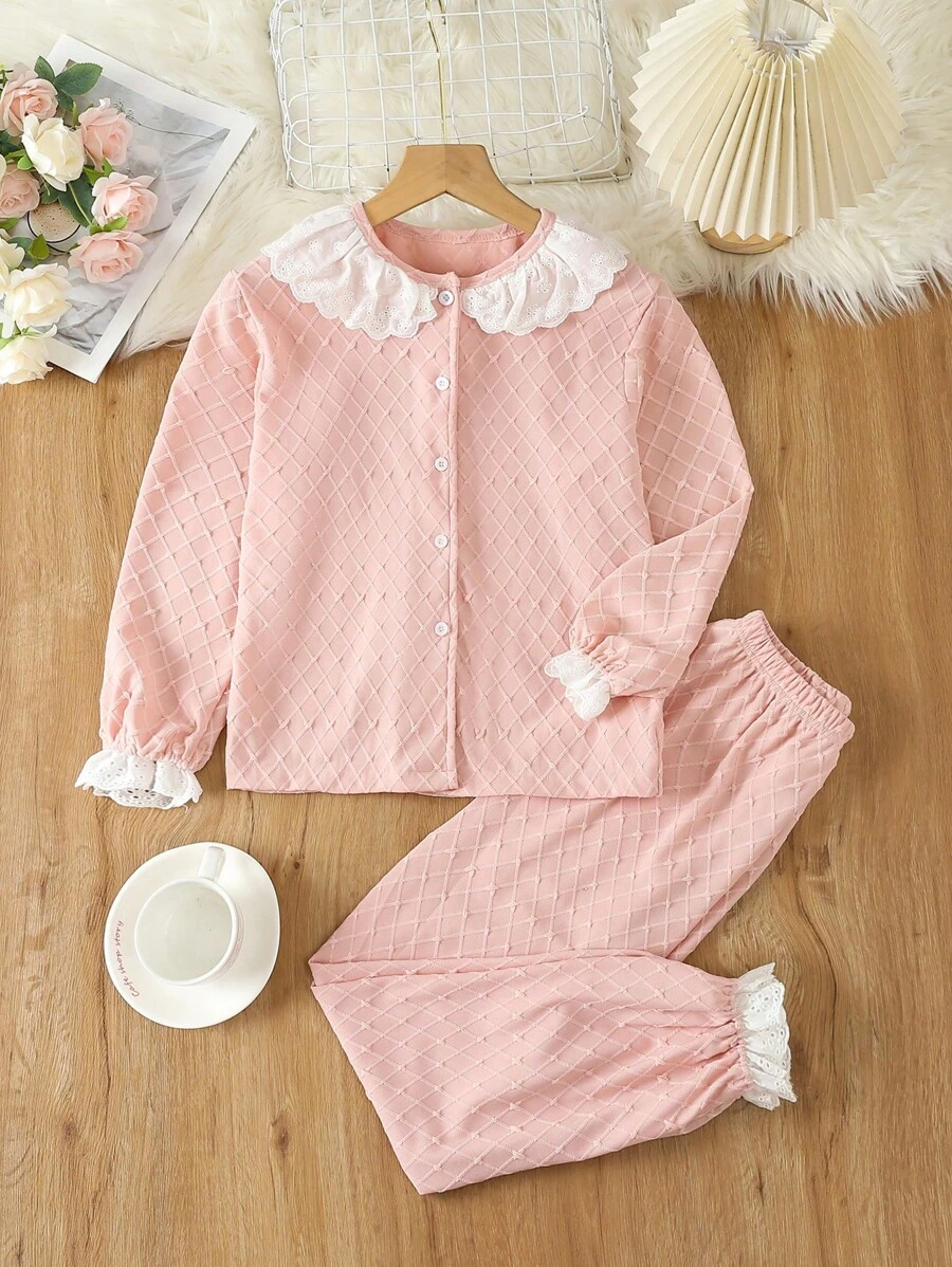 Tween Girl Contrast Schiffy Flounce Sleeve Top & Pants PJ Set - Dusty Pink - View 1
