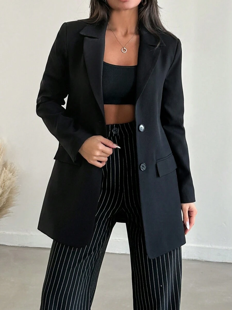 EURMUSE Single-breasted Flap Pocket Blazer - Black - View 1