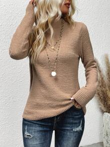 SHEIN LUNE Chất rắn Cổ giả Áo len - Màu Khaki - Xem 4