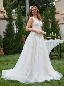 Contrast Guipure Lace Mesh Wedding Dress Elegant Bridal Dress, Bride