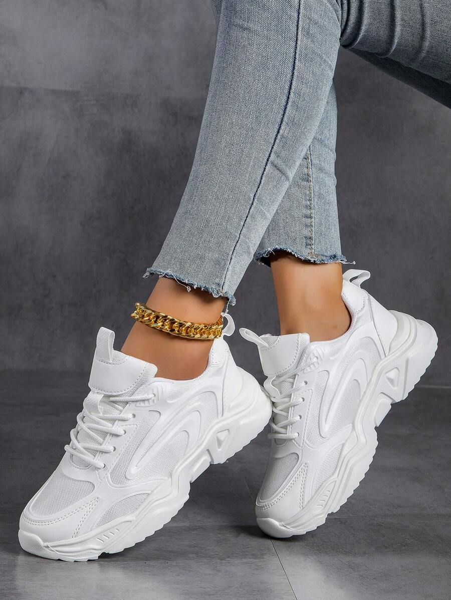 新款女性厚底運動鞋，透氣舒適，白色 - 白色 - 查看 1