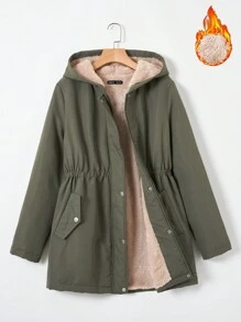 SHEIN LUNE 彈性腰帶連帽毛絨內襯外套 - 軍綠色 - 查看 1