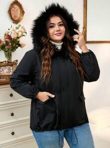 Calvaya 大码毛绒装饰连帽抽绳下摆加厚棉服外套冬季 - 黑色 - 查看 1