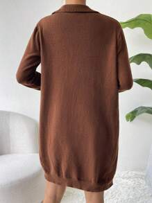 Chiquease High Neck Half Zipper Placket Sweater Dress & Cardigan - Coffee Brown - View 2