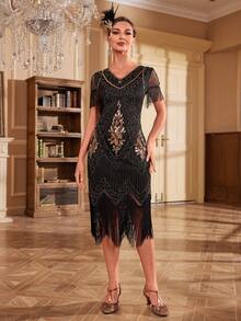 Fringe Hem Sequin Dress - Black - View 6