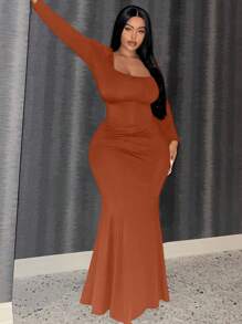 Slaydiva Hơn Cổ vuông Nàng tiên cá Hem Váy bodycon - Màu Cam san hô - Xem 3