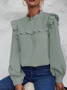 SHEIN Frenchy Blusa ribete con fruncido de manga farol - Gris - Ver 1