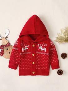 Infant Boys' Christmas Pattern Hooded Cardigan - Red - View 1