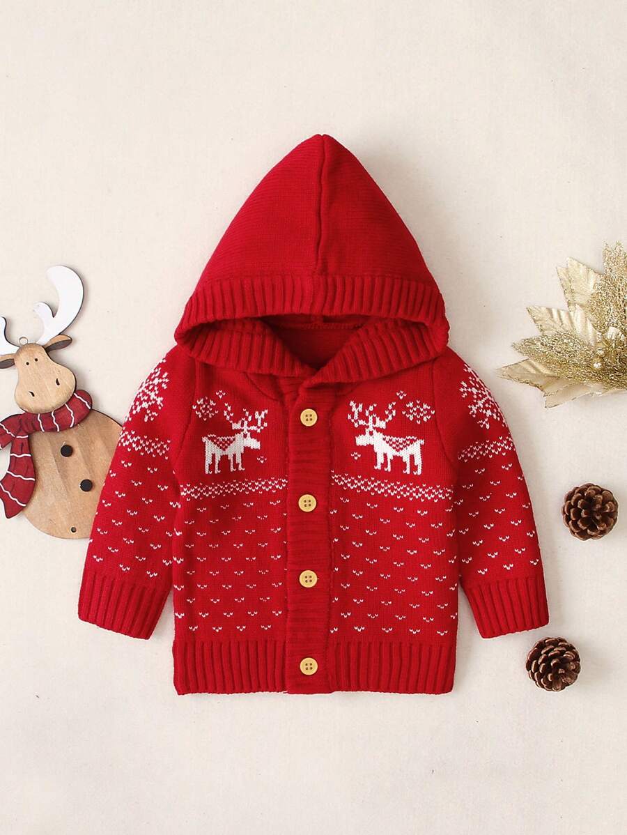 Infant Boys' Christmas Pattern Hooded Cardigan - Red - View 1