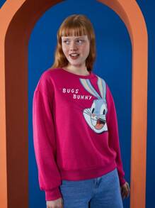 LOONEY TUNES X SHEIN 卡通和字母圖形下垂肩裁縫套衫 - 玫紅色 - 查看 6