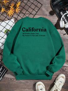 青少年男孩標語圖案加絨內裏運動衫 - 綠色 - 查看 1