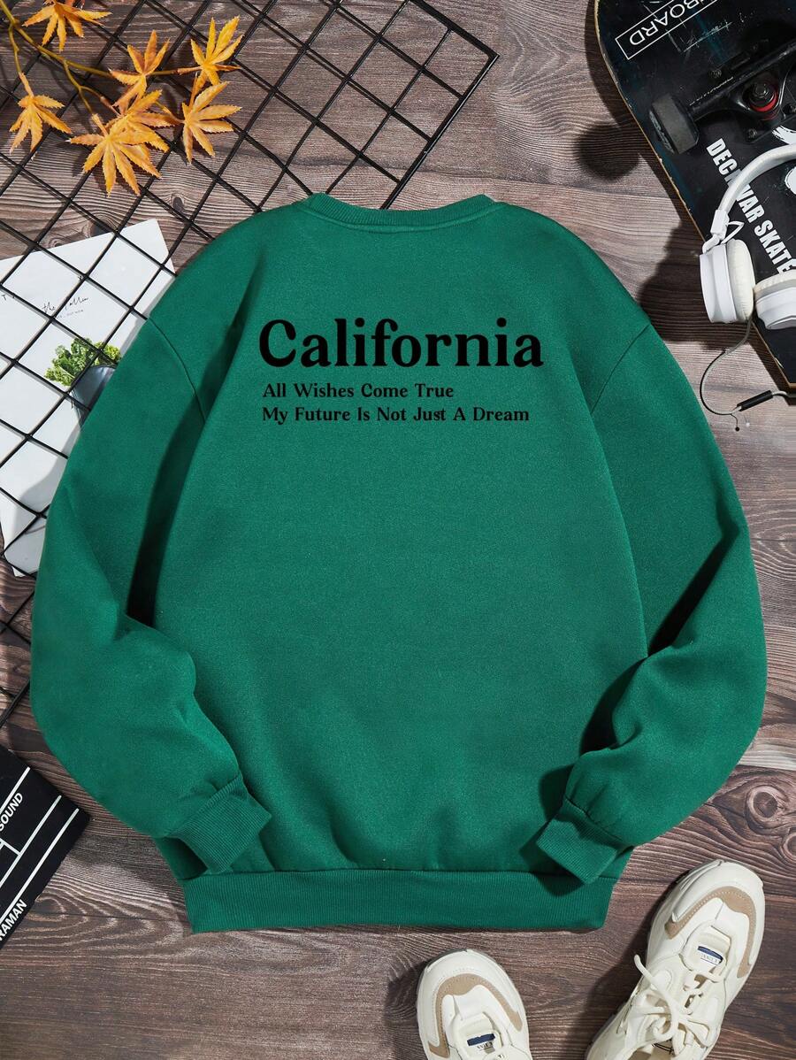 青少年男孩標語圖案加絨內裏運動衫 - 綠色 - 查看 1