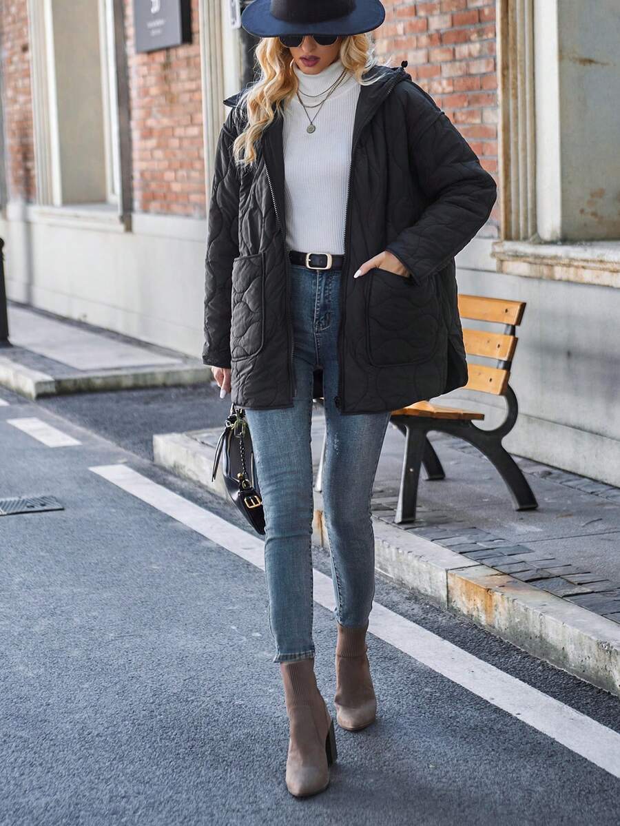 SHEIN LUNE Casual Solid Color Double Pockets Hooded Padded Padded Coat For Winter Clothes - Black - View 1