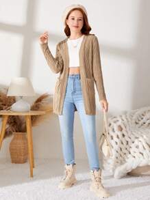 SHEIN 少女双口袋粗针织开衫 - 駝色 - 查看 3