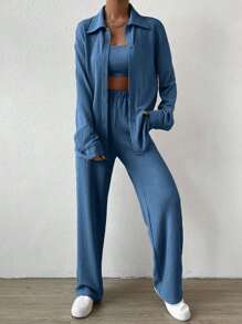 SHEIN EZwear 素色抹胸上衣和褲子&落肩袖襯衫 - 藏蓝色 - 查看 5