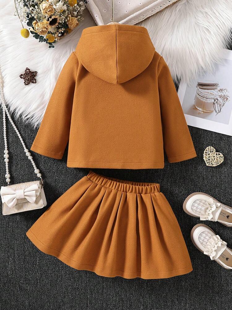 Young Girl Duffle Placket Hooded Coat & Skirt