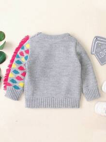 SHEIN Young Girl Fringe Trim Cartoon Pattern Sweater - Grey - View 2