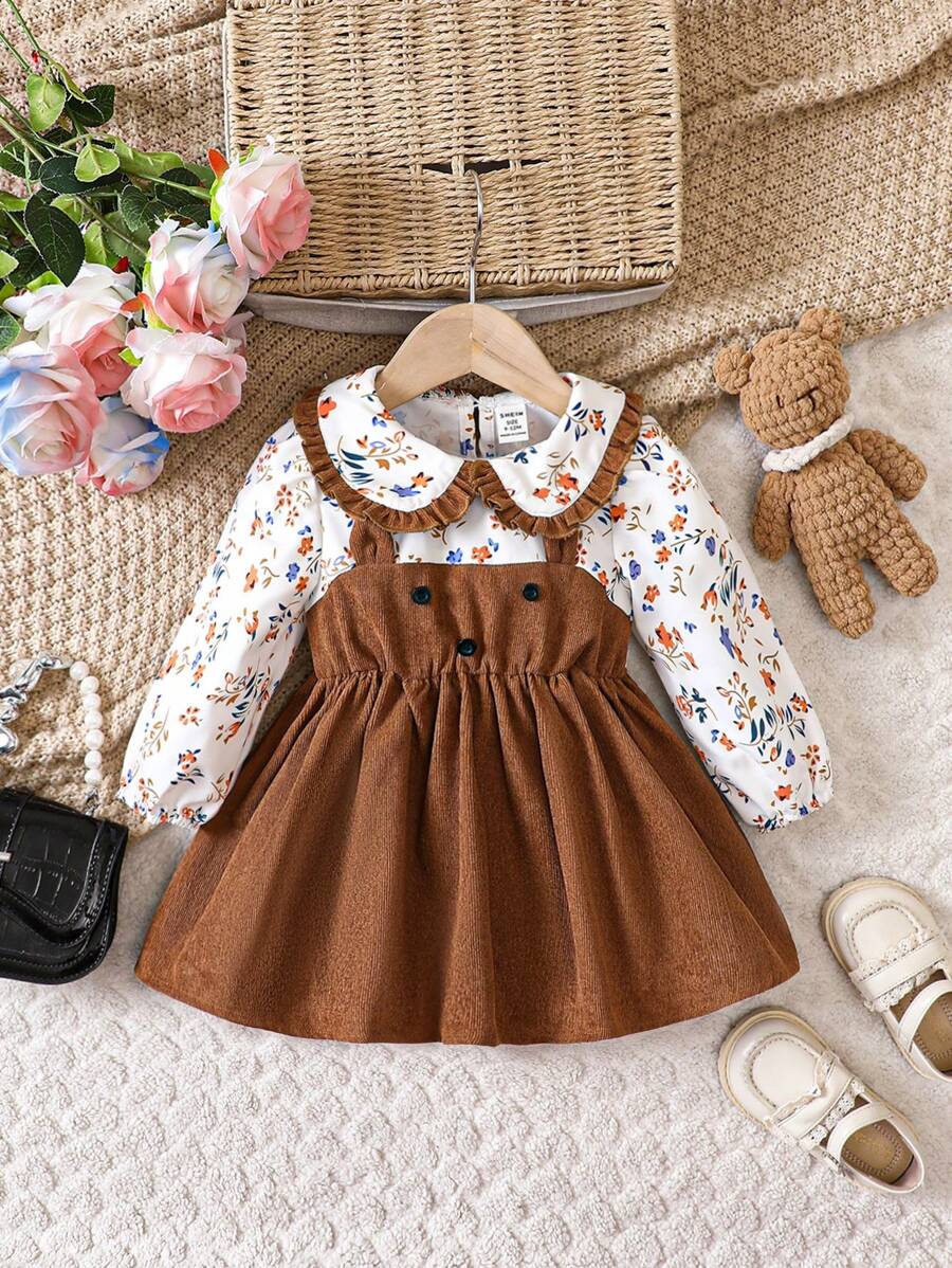 Baby Girl Floral Print Peter Pan Collar 2 In 1 Dress - Multicolor - View 1