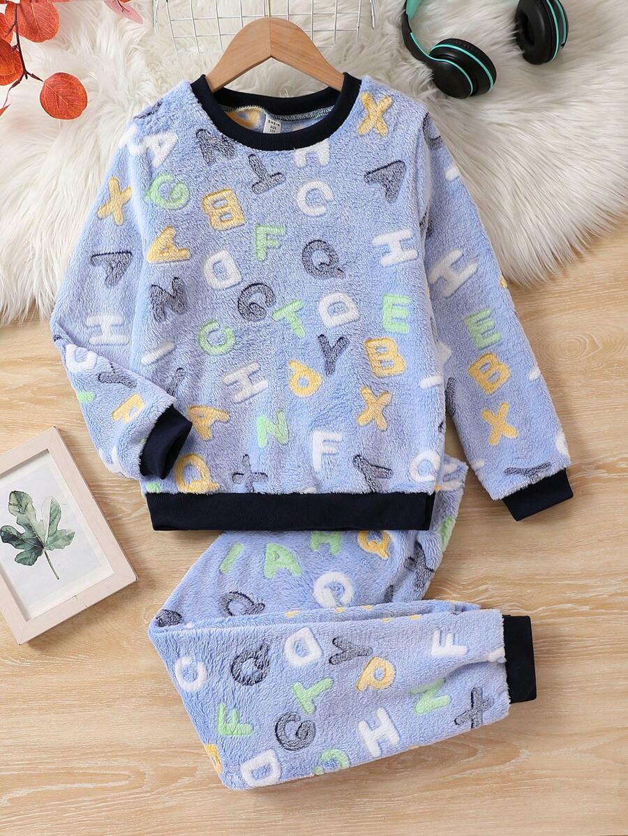 男大童字母圖案拼接邊睡衣套裝 - 彩色 - 查看 1